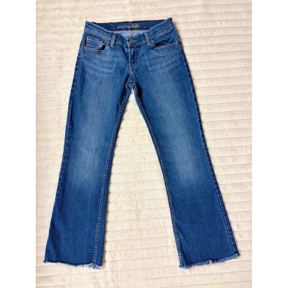 Flare Leg Jeans Vintage Wash Raw Hem Mid Rise Stretch Denim Size M